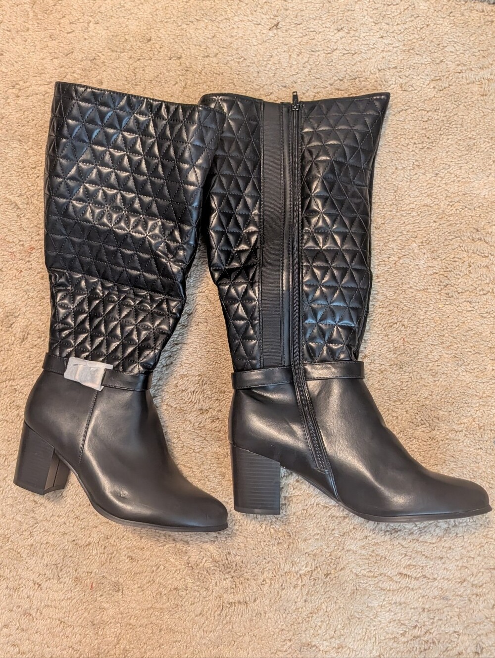 🆕 Evans Quilted Shaft Black Mid-Heel Women's Extra Wide Boots 12